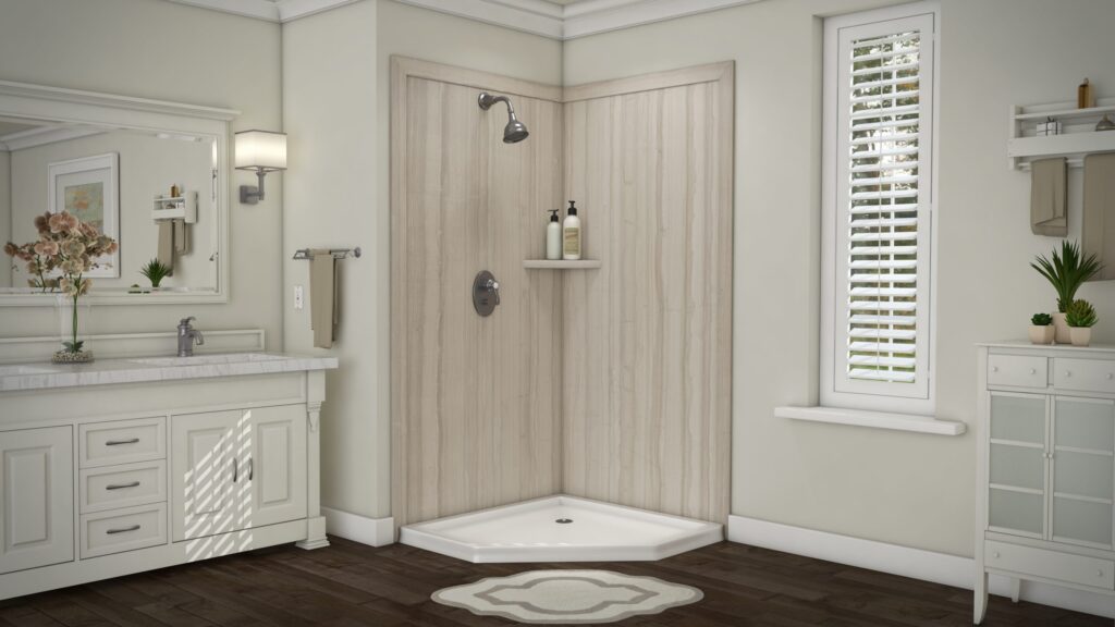 A fresh, modern bathroom by Mid State Baths shows a clean and organized space that is comfortable for daily use.