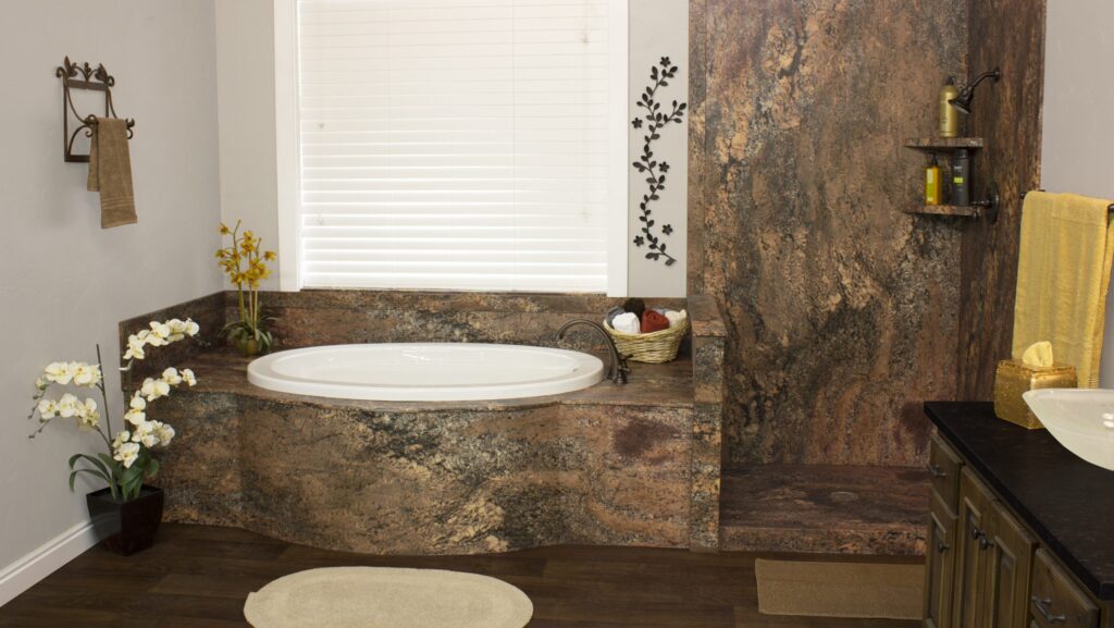 A relaxing bathroom by Mid State Baths shows a warm and stylish space made for comfort and a fresh new look.