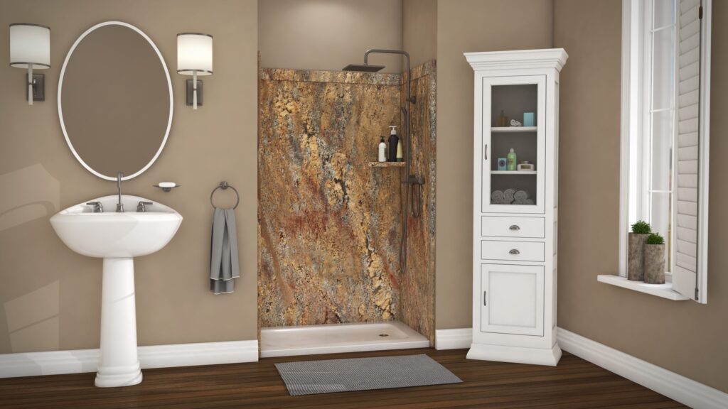 A bright, clean bathroom by Mid State Baths that looks comfortable and easy to use for people of all ages.