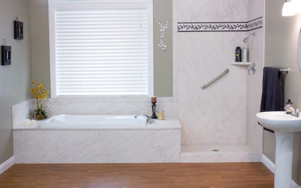 A simple, updated bathroom shows safe and stylish options for a remodel by Mid State Baths in Harrisburg PA.