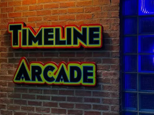A bright arcade sign is displayed next to glowing glass blocks, showing modern design like Mid State Baths bathroom remodels.