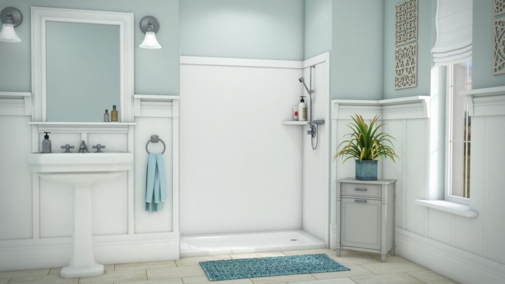This bathroom by Mid State Baths feels calm and organized. It is easy to move around in and could be made even more comfortable with a walk-in tub.